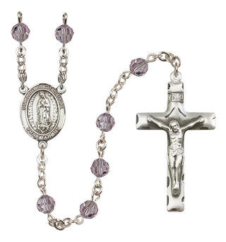 Sterling Silver 6mm Austrian Crystal Our Lady of Guadalupe Rosary in Light Amethyst
