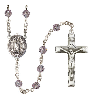 Sterling Silver 6mm Austrian Crystal Virgen de Guadalupe Rosary in Light Amethyst