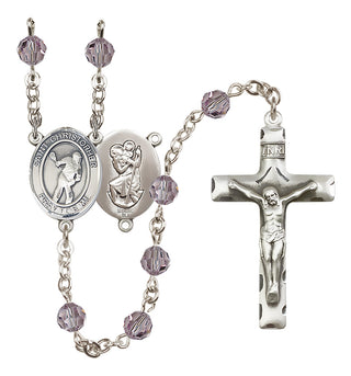 Sterling Silver 6mm Austrian Crystal Saint Christopher/Lacrosse Rosary in Light Amethyst
