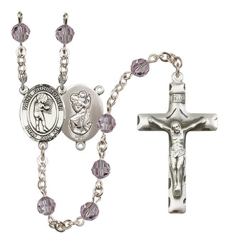 Sterling Silver 6mm Austrian Crystal Saint Christopher/Basketball-Women Rosary in Light Amethyst