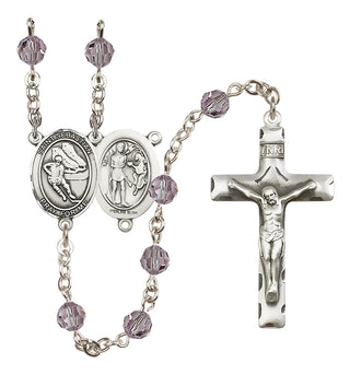 Sterling Silver 6mm Austrian Crystal Saint Sebastian / Hockey Rosary in Light Amethyst