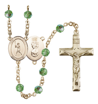 14 Karat Gold-Filled 6mm Austrian Crystal Saint Christopher/Baseball Rosary in Peridot