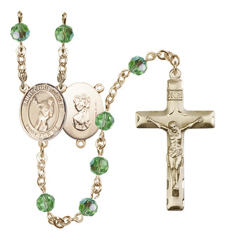 14 Karat Gold-Filled 6mm Austrian Crystal Saint Christopher/Lacrosse Rosary in Peridot