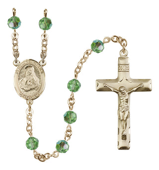 14 Karat Gold 6mm Austrian Crystal Saint Frances Cabrini Rosary in Peridot