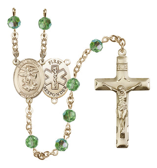 14 Karat Gold 6mm Austrian Crystal Saint Michael/1St Responder Rosary in Peridot