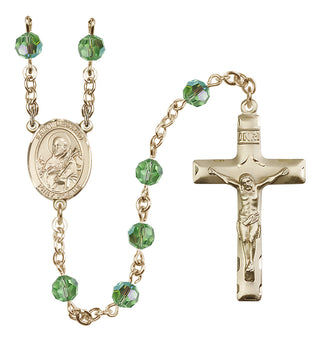 14 Karat Gold 6mm Austrian Crystal Saint Meinrad of Einsiedeln Rosary in Peridot