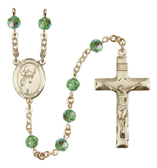 14 Karat Gold 6mm Austrian Crystal Saint Aidan of Lindesfarne Rosary in Peridot