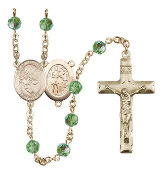 14 Karat Gold 6mm Austrian Crystal Saint Sebastian/Basketball Rosary in Peridot