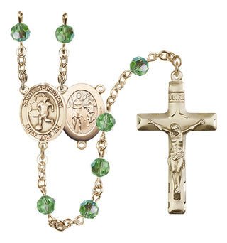 14 Karat Gold 6mm Austrian Crystal Saint Sebastian/Soccer-Women Rosary in Peridot