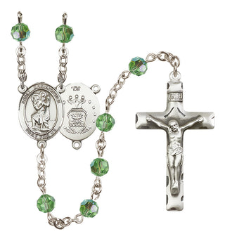 Sterling Silver 6mm Austrian Crystal Saint Christopher / Air Force Rosary in Peridot