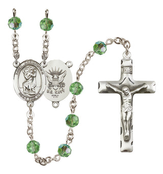 Sterling Silver 6mm Austrian Crystal Saint Christopher / Navy Rosary in Peridot