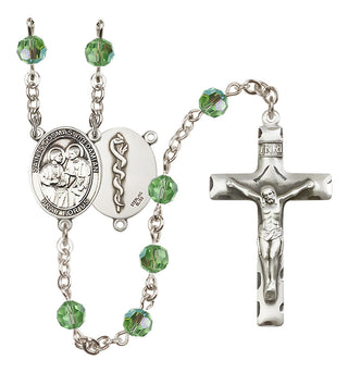 Sterling Silver 6mm Austrian Crystal Saints Cosmas & Damian / Doctors Rosary in Peridot