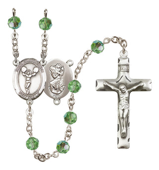 Sterling Silver 6mm Austrian Crystal Saint Christopher/Cheerleading Rosary in Peridot