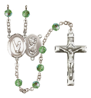Sterling Silver 6mm Austrian Crystal Saint Christopher/Gymnastics Rosary in Peridot