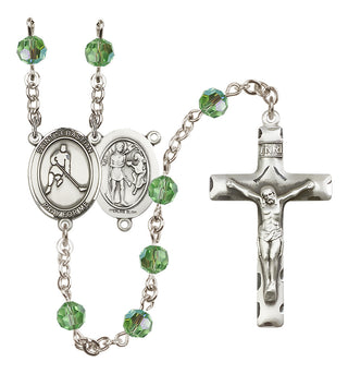 Sterling Silver 6mm Austrian Crystal Saint Sebastian/Ice Hockey Rosary in Peridot