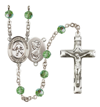 Sterling Silver 6mm Austrian Crystal Saint Christopher / Field Hockey Rosary in Peridot