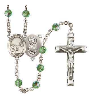 Sterling Silver 6mm Austrian Crystal Saint Christopher / Fishing Rosary in Peridot