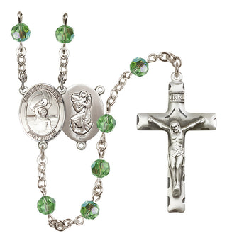 Sterling Silver 6mm Austrian Crystal Saint Christopher/Water Polo Men Rosary in Peridot