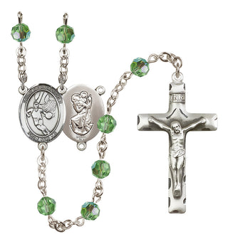 Sterling Silver 6mm Austrian Crystal Saint Christopher/Basketball Rosary in Peridot