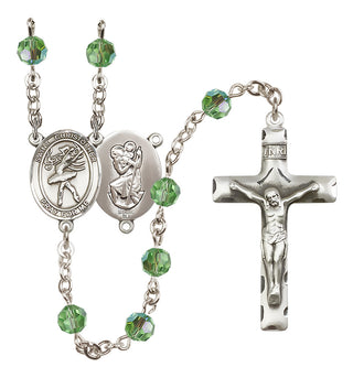 Sterling Silver 6mm Austrian Crystal Saint Christopher/Dance Rosary in Peridot