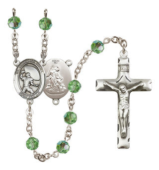 Sterling Silver 6mm Austrian Crystal Guardian Angel/Football Rosary in Peridot