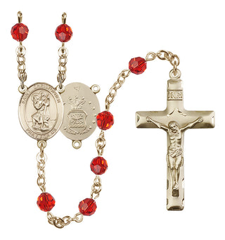 14 Karat Gold-Filled 6mm Austrian Crystal Saint Christopher / Air Force Rosary in Ruby