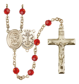 14 Karat Gold-Filled 6mm Austrian Crystal Saint Michael/1St Responder Rosary in Ruby