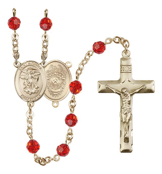 14 Karat Gold-Filled 6mm Austrian Crystal Saint Michael the Archangel/Policeman Rosary in Ruby