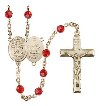 14 Karat Gold-Filled 6mm Austrian Crystal Saint Michael / Navy Rosary in Ruby