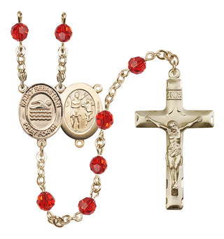 14 Karat Gold-Filled 6mm Austrian Crystal Saint Sebastian/Swimming Rosary in Ruby
