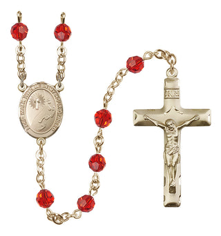 14 Karat Gold-Filled 6mm Austrian Crystal Footprints / Cross Rosary in Ruby