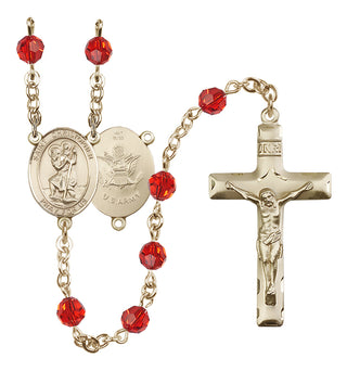 14 Karat Gold 6mm Austrian Crystal Saint Christopher / Army Rosary in Ruby