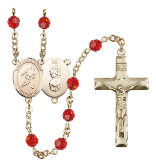 14 Karat Gold 6mm Austrian Crystal Saint Christopher/Soccer Rosary in Ruby