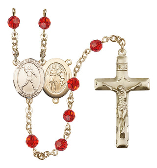 14 Karat Gold 6mm Austrian Crystal Saint Sebastian/Football Rosary in Ruby