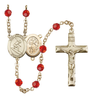 14 Karat Gold 6mm Austrian Crystal Saint Sebastian/Surfing Rosary in Ruby