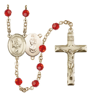 14 Karat Gold 6mm Austrian Crystal Saint Christopher/Baseball Rosary in Ruby