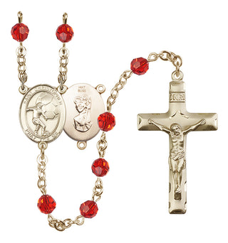 14 Karat Gold 6mm Austrian Crystal Saint Christopher/Soccer Rosary in Ruby
