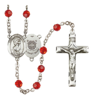 Sterling Silver 6mm Austrian Crystal Saint Christopher / Coast Guard Rosary in Ruby