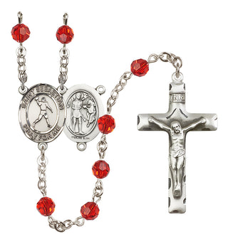 Sterling Silver 6mm Austrian Crystal Saint Sebastian/Football Rosary in Ruby