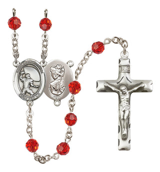 Sterling Silver 6mm Austrian Crystal Saint Christopher / Football Rosary in Ruby