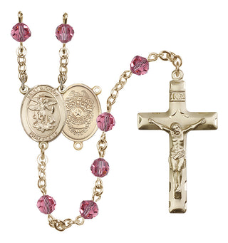14 Karat Gold-Filled 6mm Austrian Crystal Saint Michael the Archangel/Policeman Rosary in Rose