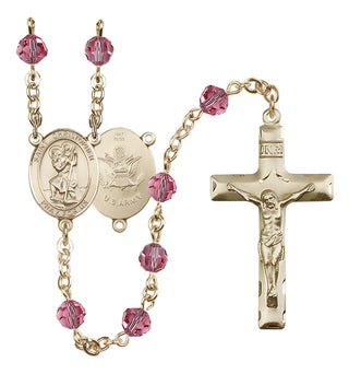 14 Karat Gold 6mm Austrian Crystal Saint Christopher / Army Rosary in Rose
