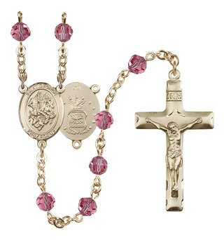 14 Karat Gold 6mm Austrian Crystal Saint George / Air Force Rosary in Rose