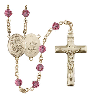 14 Karat Gold 6mm Austrian Crystal Saint George / Navy Rosary in Rose