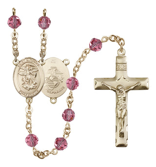 14 Karat Gold 6mm Austrian Crystal Saint Michael / Marines Rosary in Rose