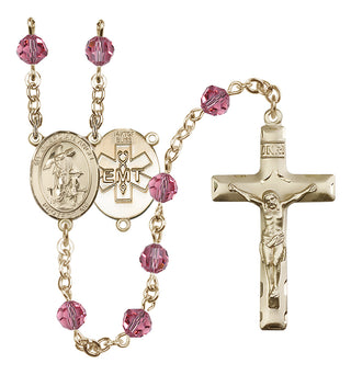 14 Karat Gold 6mm Austrian Crystal Guardian Angel / EMT Rosary in Rose