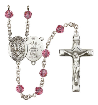 Sterling Silver 6mm Austrian Crystal Saint George / Air Force Rosary in Rose