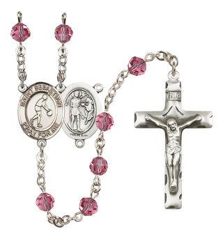 Sterling Silver 6mm Austrian Crystal Saint Sebastian/Basketball Rosary in Rose