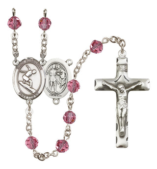 Sterling Silver 6mm Austrian Crystal Saint Sebastian/Surfing Rosary in Rose