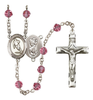 Sterling Silver 6mm Austrian Crystal Saint Christopher / Rugby Rosary in Rose